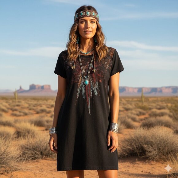 Peruvian Connection Women's Size XL Black Feather Print Cotton T-Shirt Dress - Picture 1 of 7